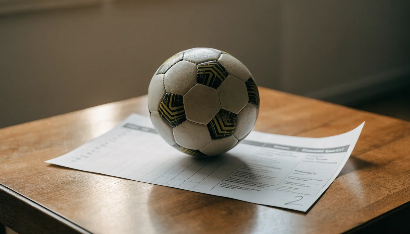 Un pallone da calcio appoggiato su una schedina bianca su un tavolo di legno, alla luce del giorno