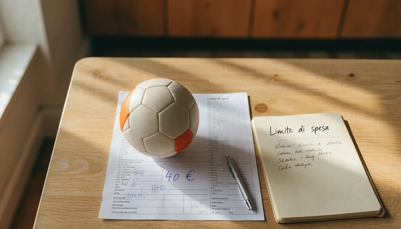 Un pallone da calcio appoggiato su una schedina bianca su un tavolo di legno, alla luce del giorno