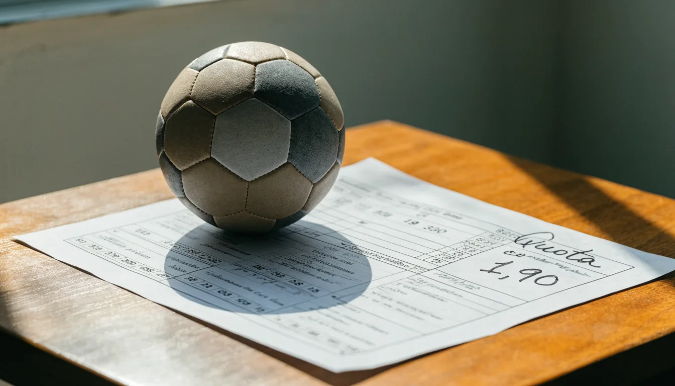 Un pallone da calcio appoggiato su una schedina bianca su un tavolo di legno, alla luce del giorno