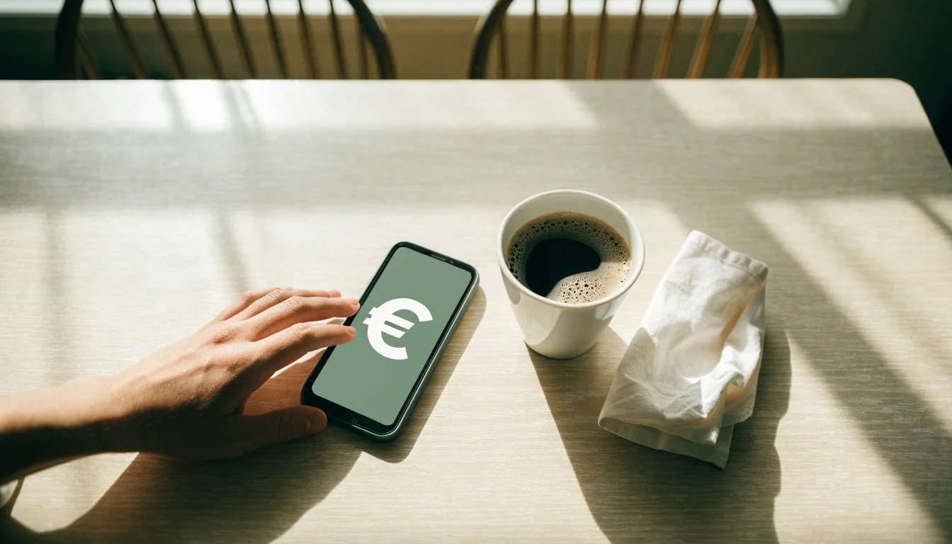 Un documento di identità appoggiato accanto a uno smartphone con un timer sullo schermo, su un tavolo da cucina