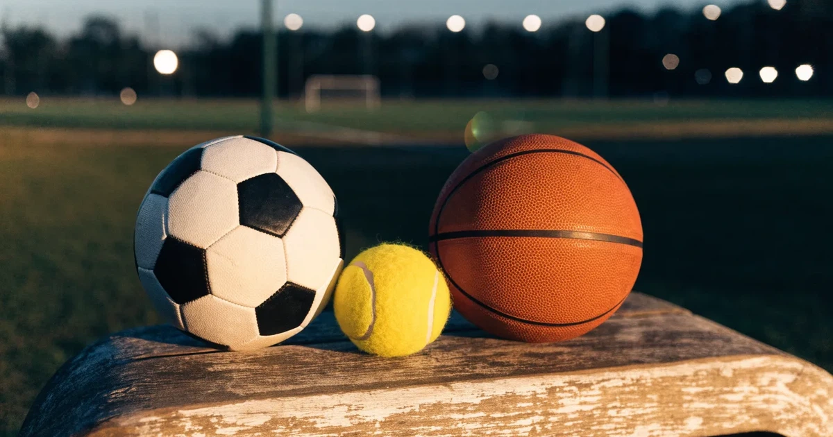 Tre palloni di sport diversi allineati uno accanto all'altro su una panca di legno