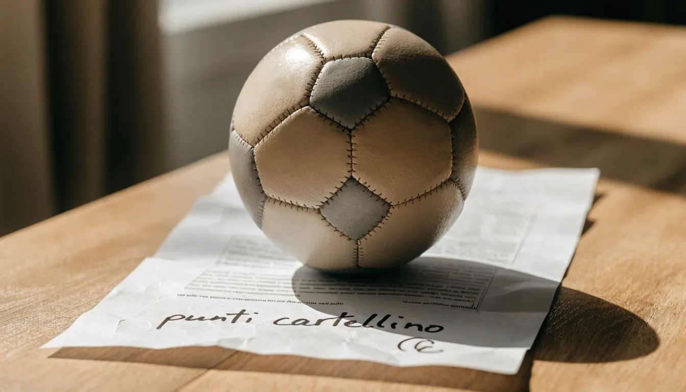 Un pallone da calcio appoggiato su una schedina bianca su un tavolo di legno, alla luce del giorno