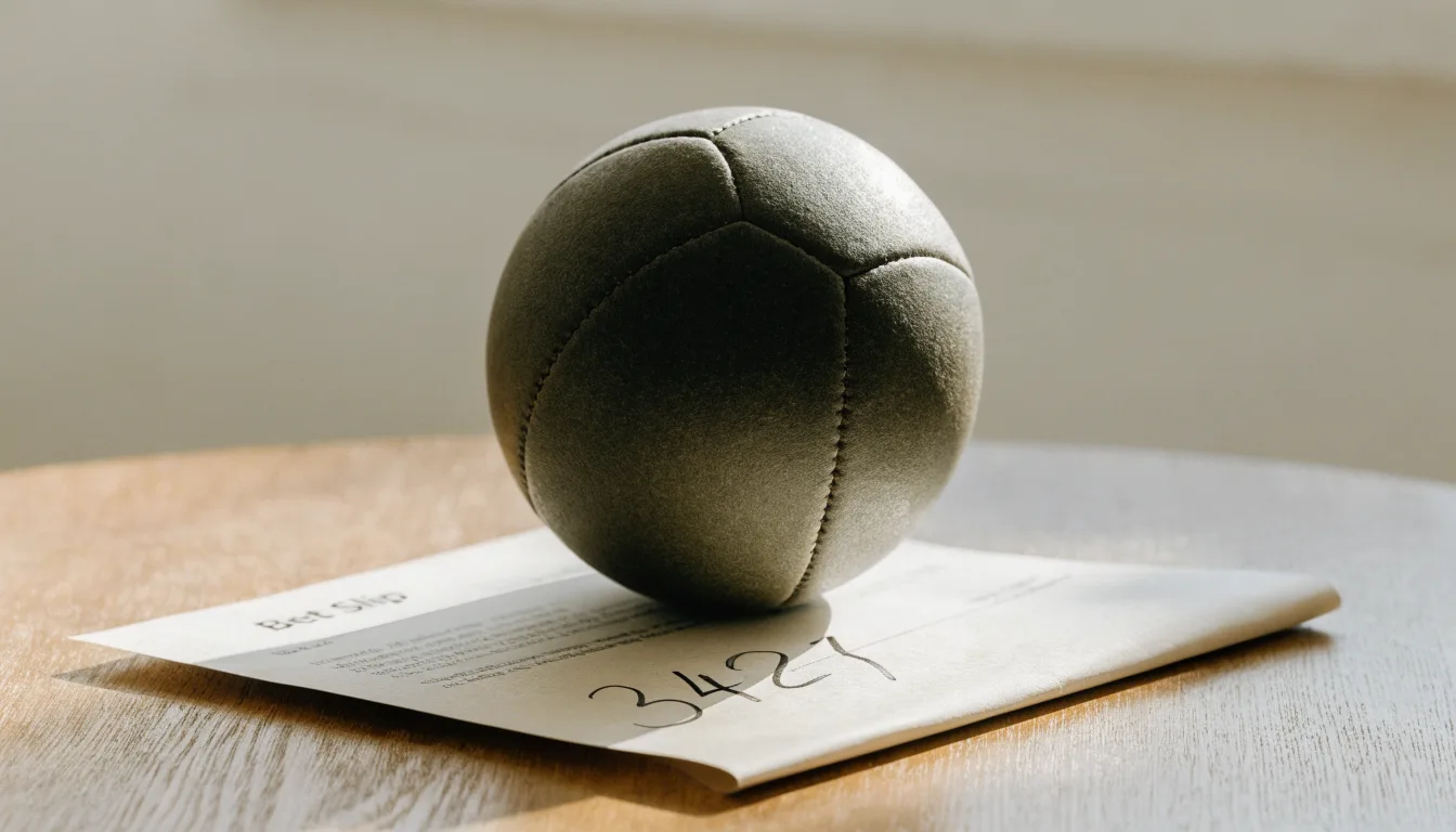 Un pallone da calcio appoggiato su una schedina bianca su un tavolo di legno, alla luce del giorno