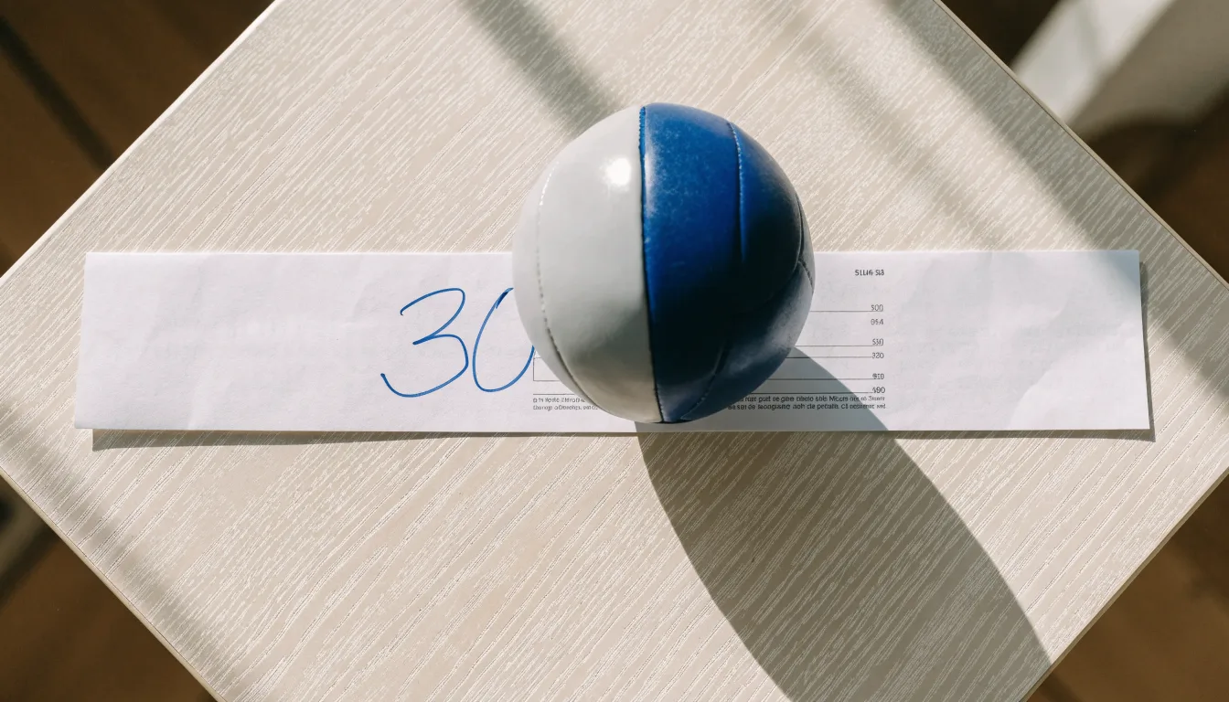 Un pallone da calcio appoggiato su una schedina bianca su un tavolo di legno, alla luce del giorno