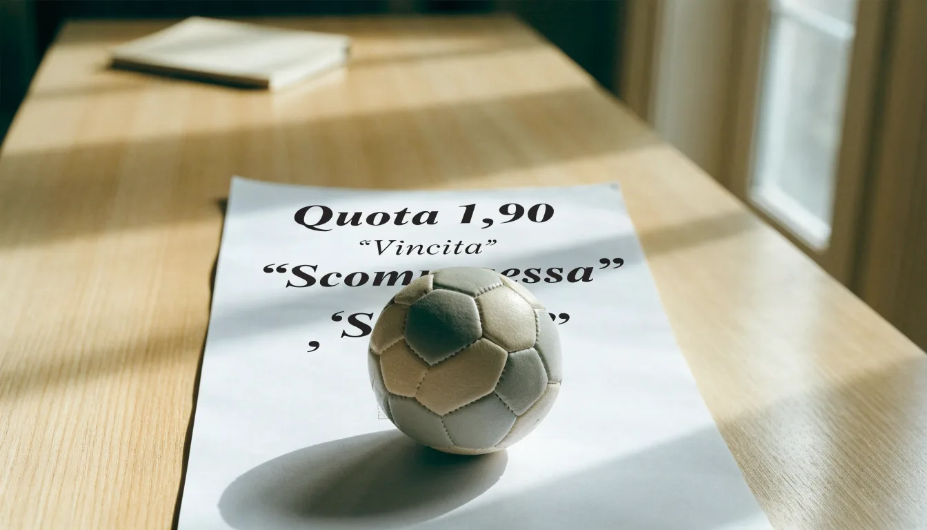 Un pallone da calcio appoggiato su una schedina bianca su un tavolo di legno, alla luce del giorno
