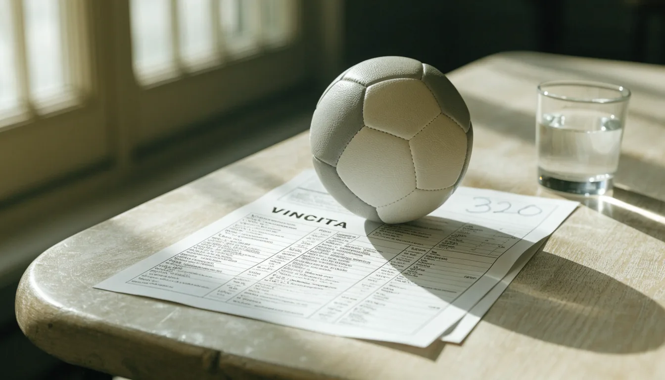 Un pallone da calcio appoggiato su una schedina bianca su un tavolo di legno, alla luce del giorno