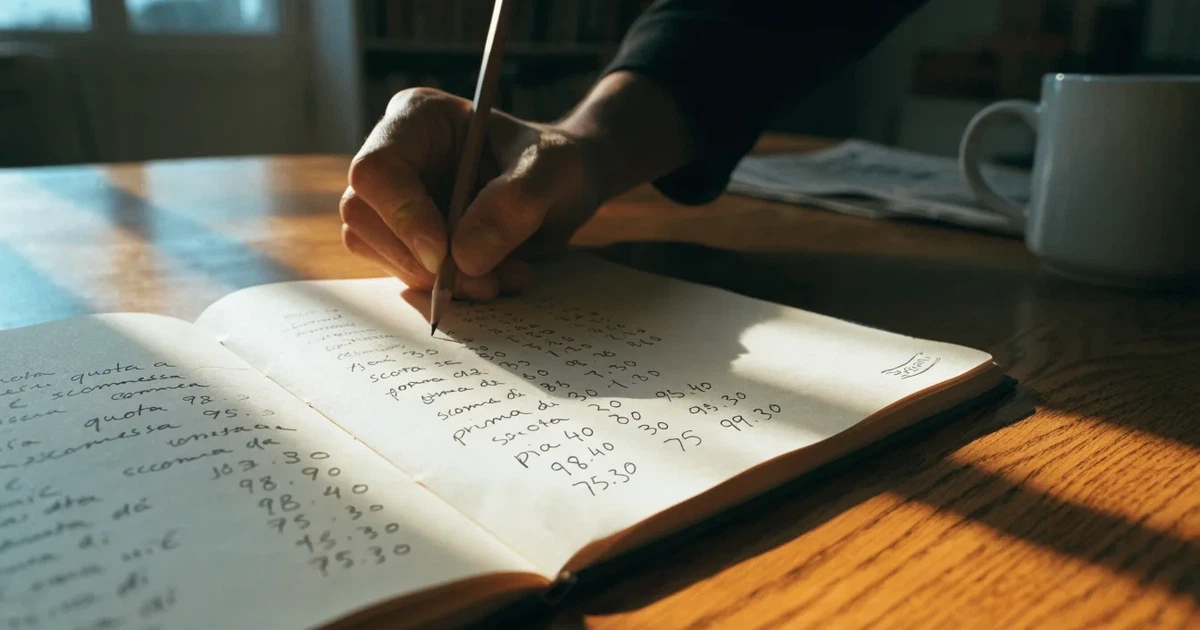Un quaderno aperto con quote scritte a mano, una calcolatrice e una matita su un tavolo di legno