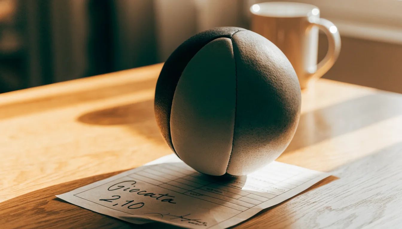 Un pallone da calcio appoggiato su una schedina bianca su un tavolo di legno, alla luce del giorno