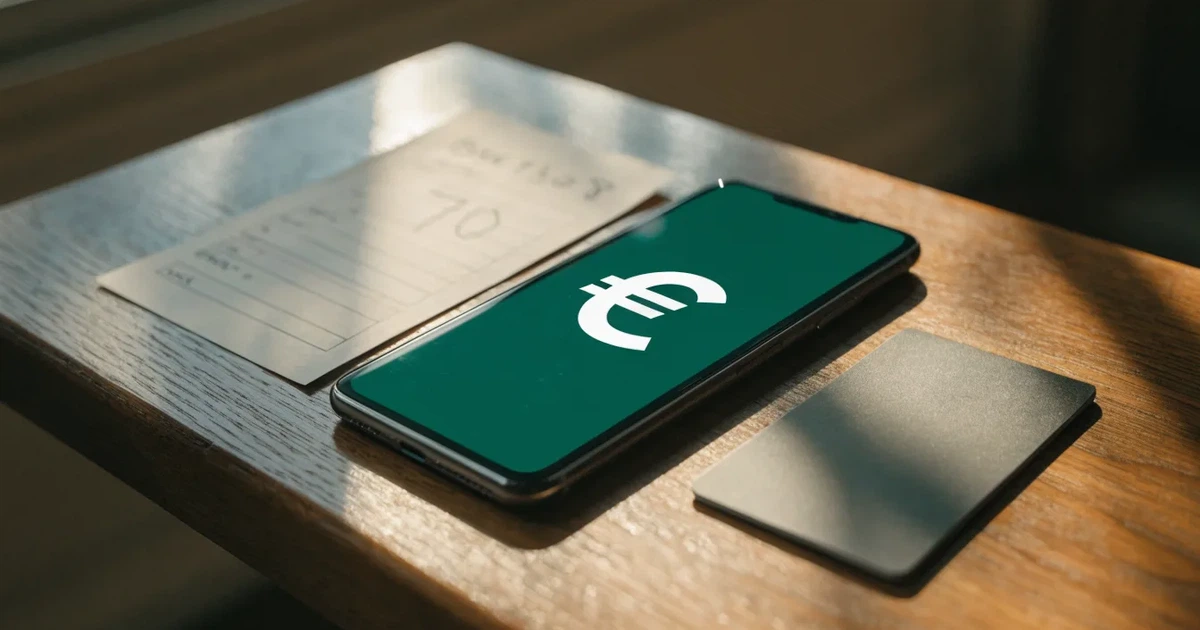 Uno smartphone e una carta di pagamento affiancati su un tavolo di legno, con alcune banconote da euro accanto