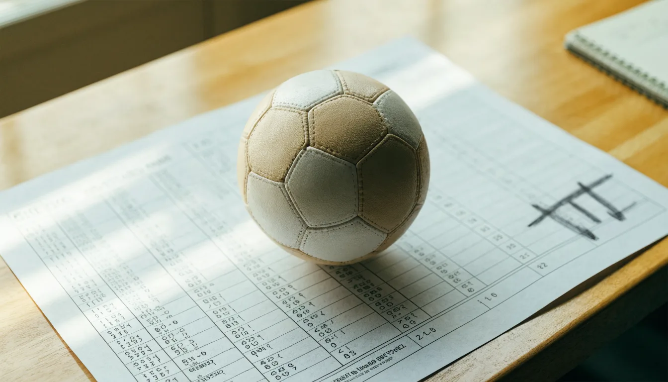 Un pallone da calcio appoggiato su una schedina bianca su un tavolo di legno, alla luce del giorno