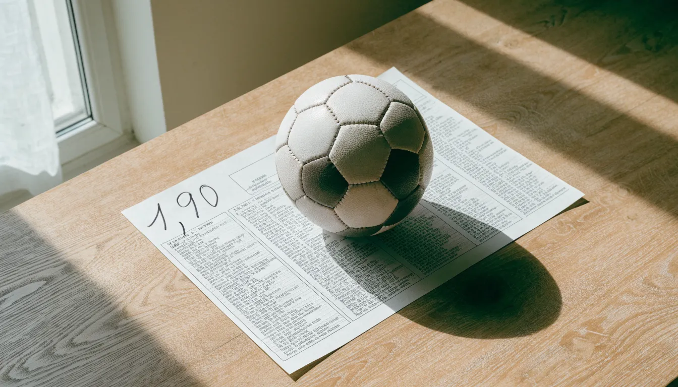 Un pallone da calcio appoggiato su una schedina bianca su un tavolo di legno, alla luce del giorno