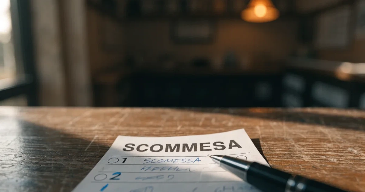 Una schedina con diverse selezioni segnate a penna su un bancone di legno