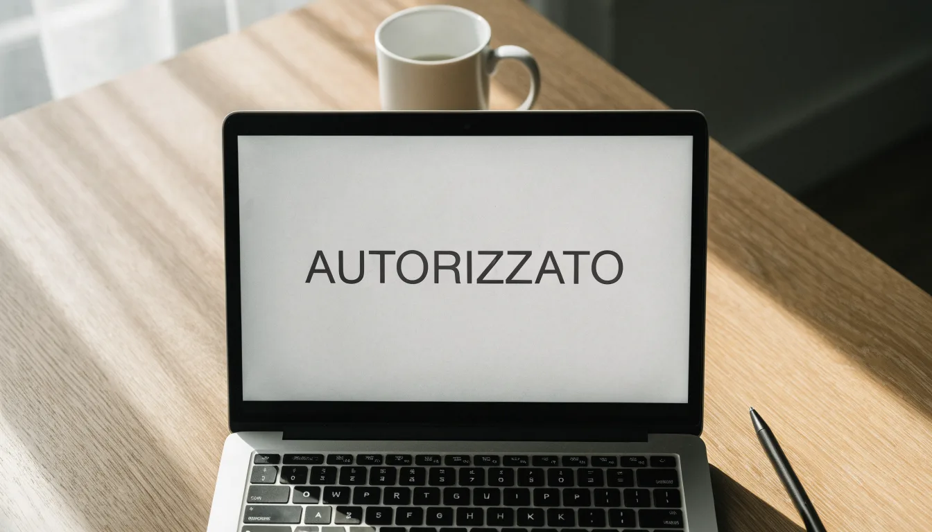 Un foglio di concessione in carta con un timbro rosso, appoggiato su una scrivania di legno accanto a una penna