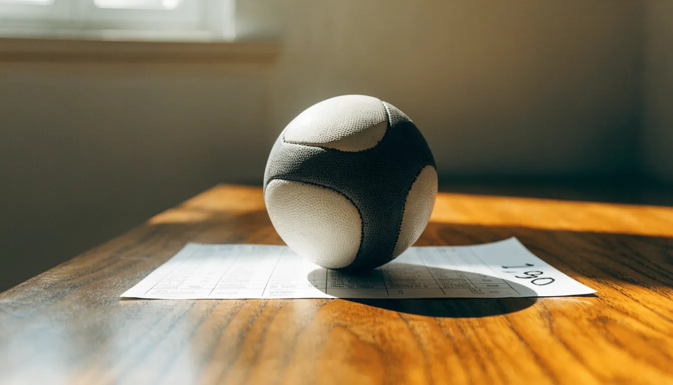 Un pallone da calcio appoggiato su una schedina bianca su un tavolo di legno, alla luce del giorno