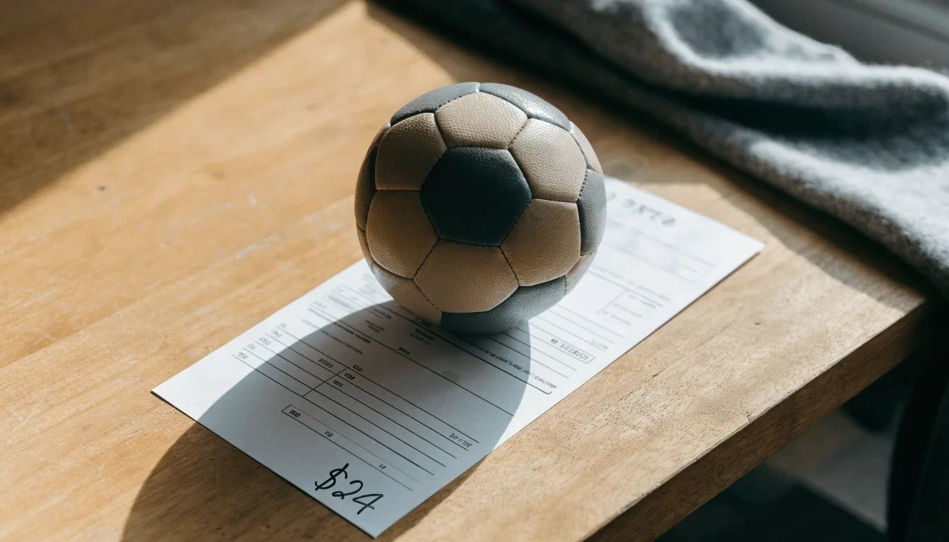 Un pallone da calcio appoggiato su una schedina bianca su un tavolo di legno, alla luce del giorno