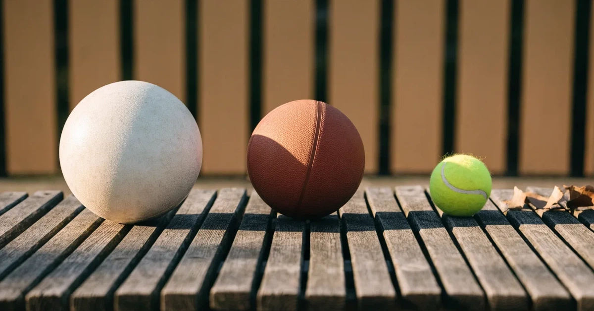 Tre palloni di sport diversi allineati uno accanto all'altro su una panca di legno