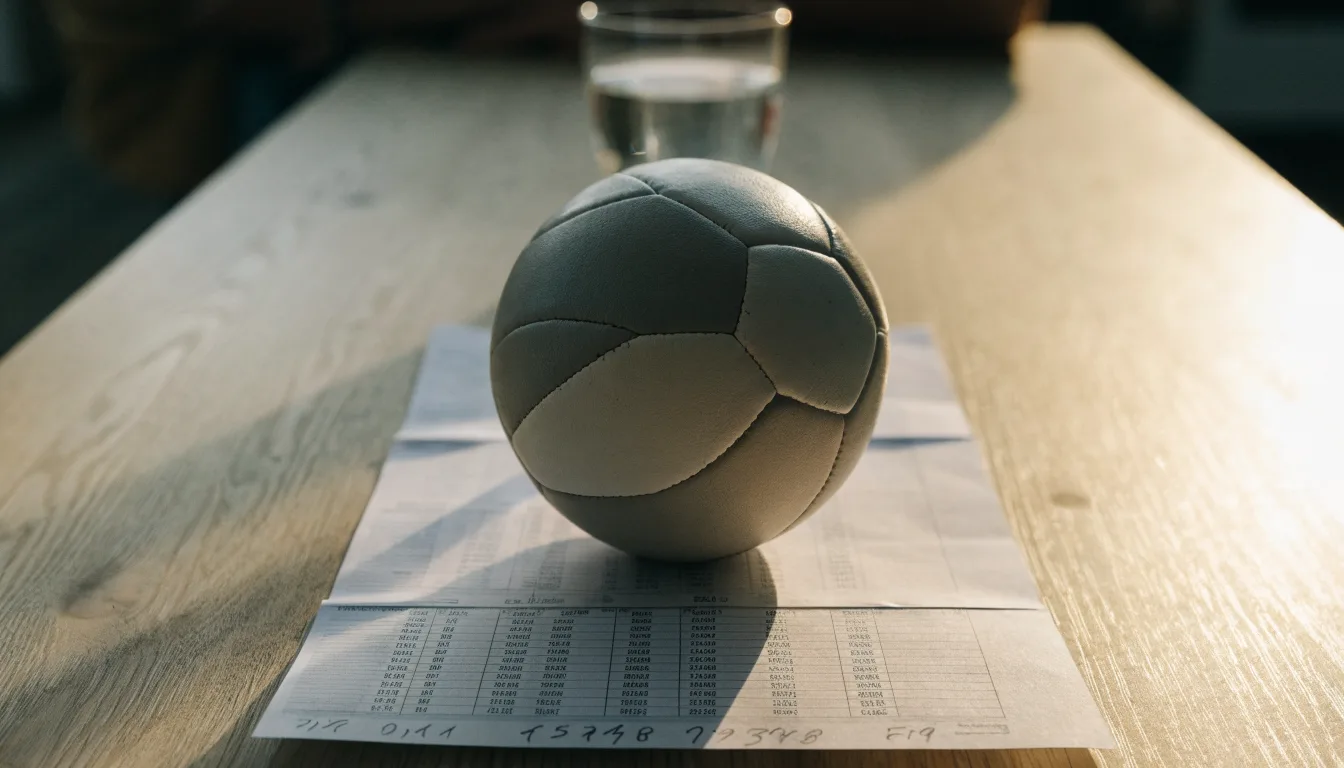 Un pallone da calcio appoggiato su una schedina bianca su un tavolo di legno, alla luce del giorno