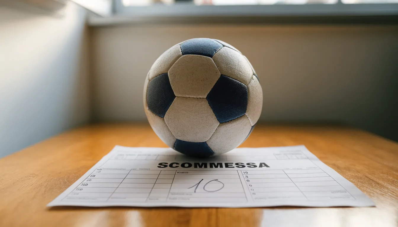 Un pallone da calcio appoggiato su una schedina bianca su un tavolo di legno, alla luce del giorno