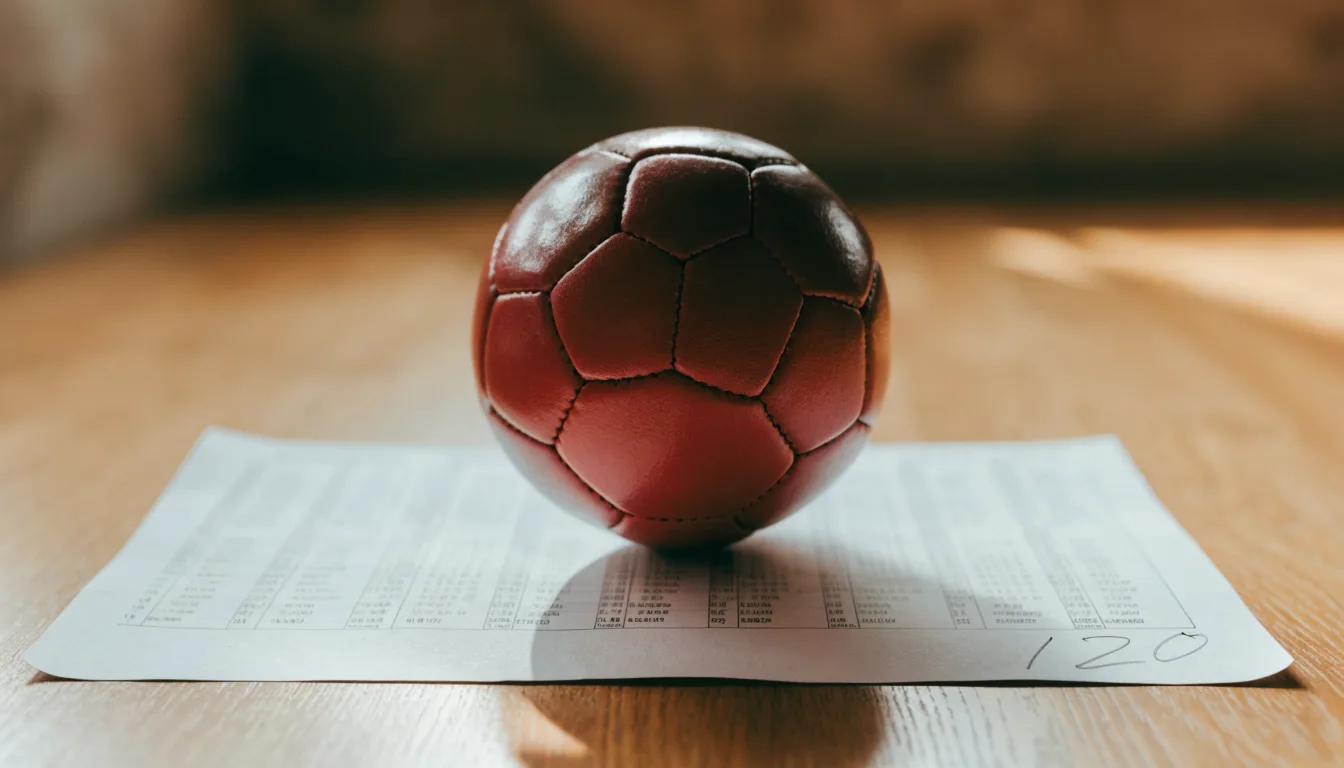 Un pallone da calcio appoggiato su una schedina bianca su un tavolo di legno, alla luce del giorno