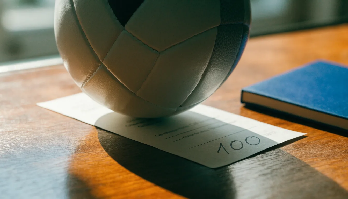Un pallone da calcio appoggiato su una schedina bianca su un tavolo di legno, alla luce del giorno