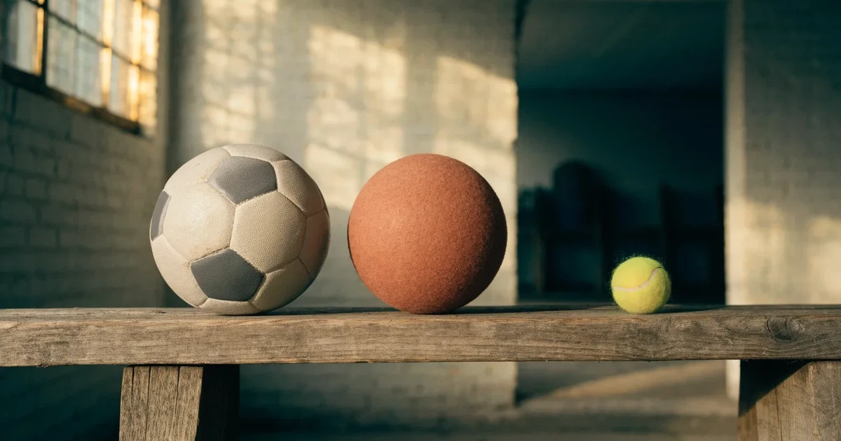 Tre palloni di sport diversi allineati uno accanto all'altro su una panca di legno