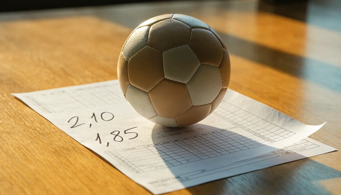 Un pallone da calcio appoggiato su una schedina bianca su un tavolo di legno, alla luce del giorno