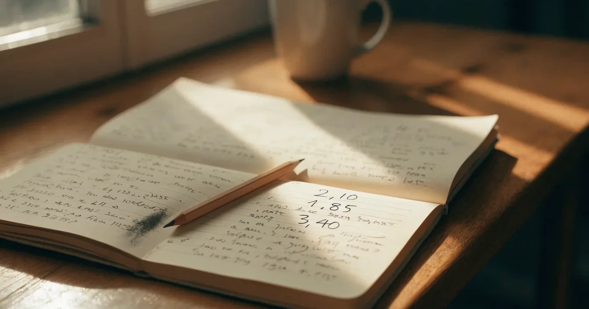 Un quaderno aperto con quote scritte a mano, una calcolatrice e una matita su un tavolo di legno