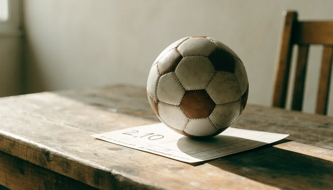 Un pallone da calcio appoggiato su una schedina bianca su un tavolo di legno, alla luce del giorno