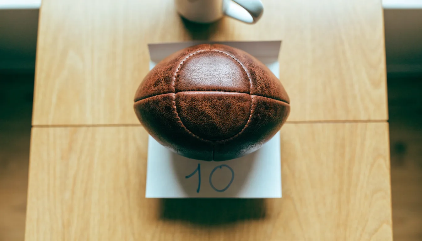 Un pallone da calcio appoggiato su una schedina bianca su un tavolo di legno, alla luce del giorno