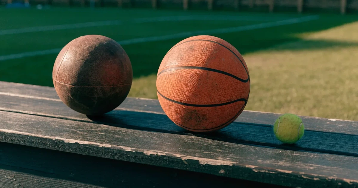 Tre palloni di sport diversi allineati uno accanto all'altro su una panca di legno