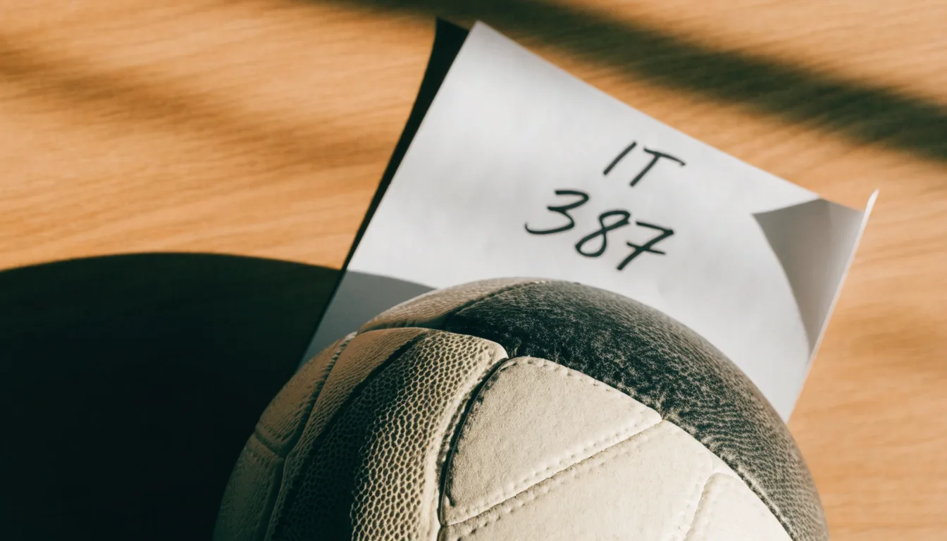 Un pallone da calcio appoggiato su una schedina bianca su un tavolo di legno, alla luce del giorno