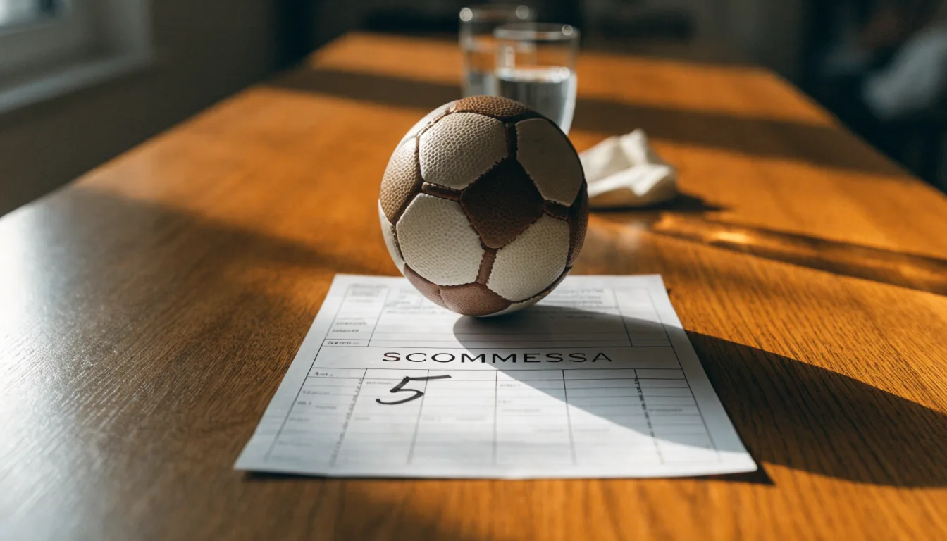 Un pallone da calcio appoggiato su una schedina bianca su un tavolo di legno, alla luce del giorno