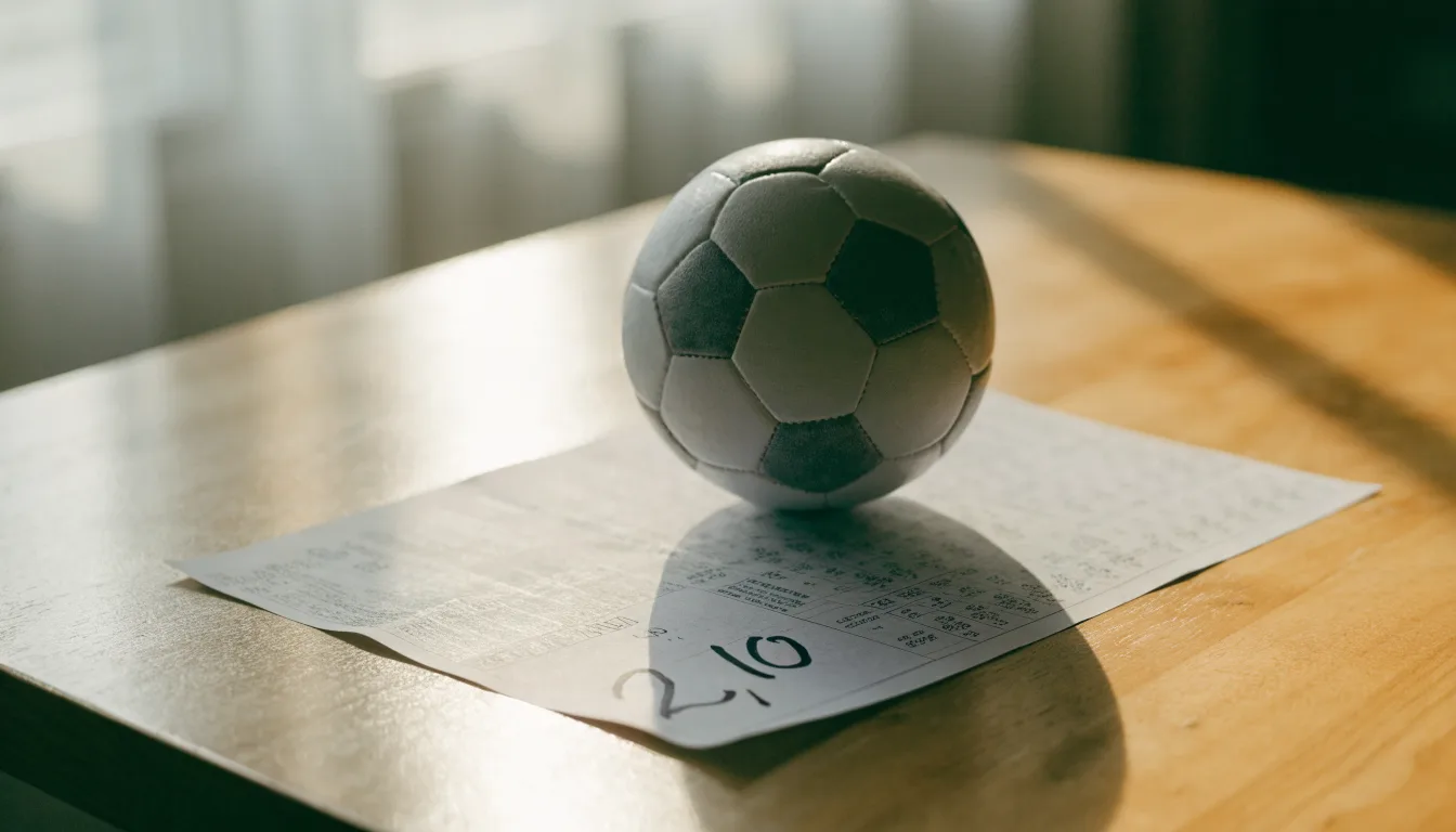 Un pallone da calcio appoggiato su una schedina bianca su un tavolo di legno, alla luce del giorno