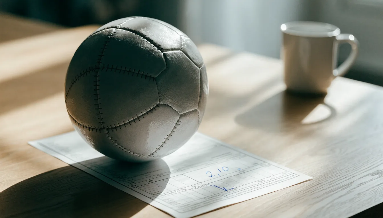 Un pallone da calcio appoggiato su una schedina bianca su un tavolo di legno, alla luce del giorno
