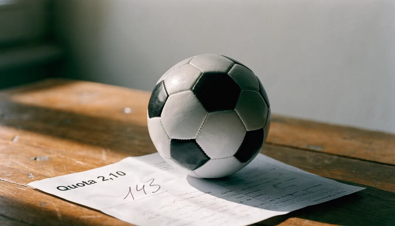 Un pallone da calcio appoggiato su una schedina bianca su un tavolo di legno, alla luce del giorno