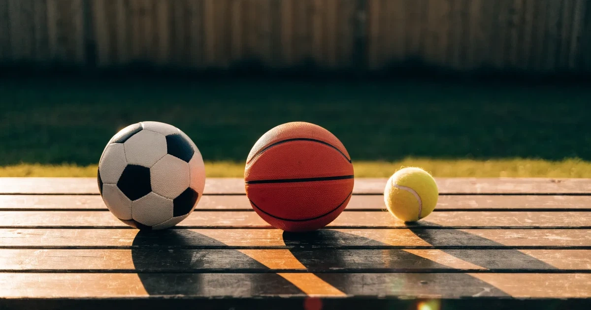 Tre palloni di sport diversi allineati uno accanto all'altro su una panca di legno