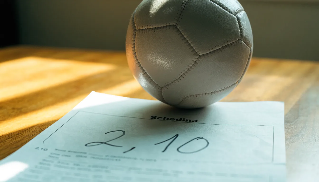 Un pallone da calcio appoggiato su una schedina bianca su un tavolo di legno, alla luce del giorno