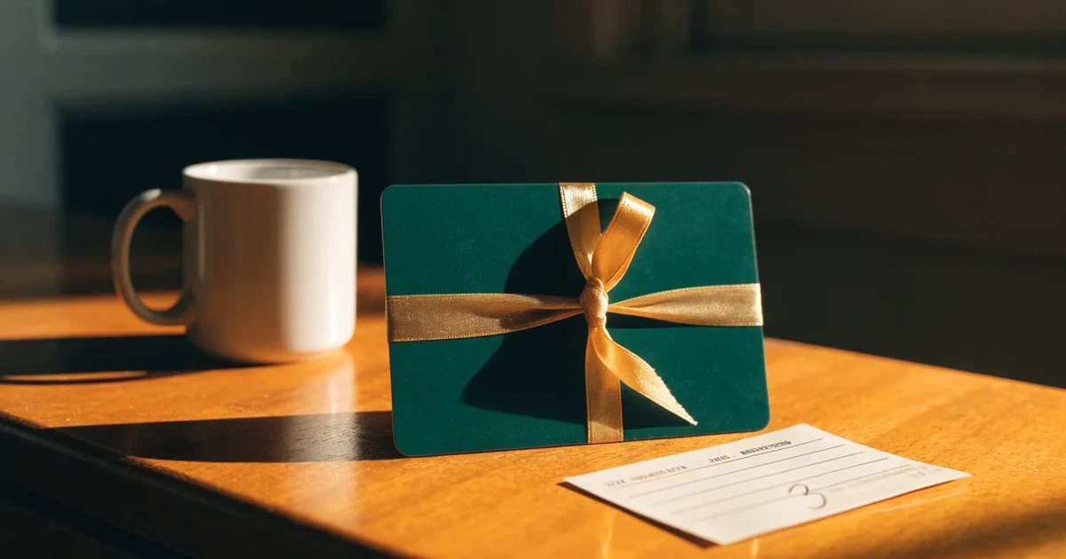 Un biglietto regalo con un nastro dorato accanto a una schedina su un bancone di legno
