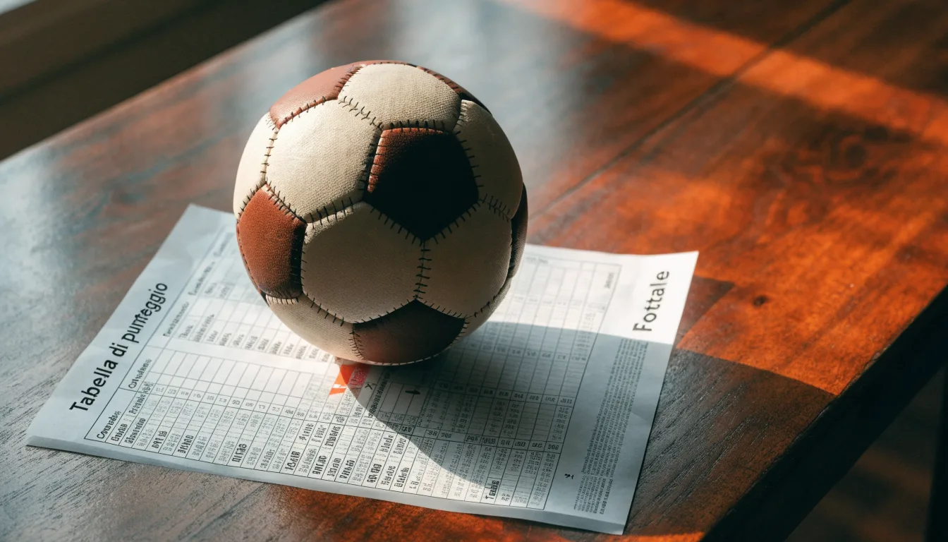 Un pallone da calcio appoggiato su una schedina bianca su un tavolo di legno, alla luce del giorno