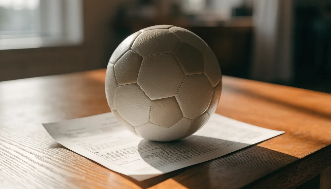 Un pallone da calcio appoggiato su una schedina bianca su un tavolo di legno, alla luce del giorno