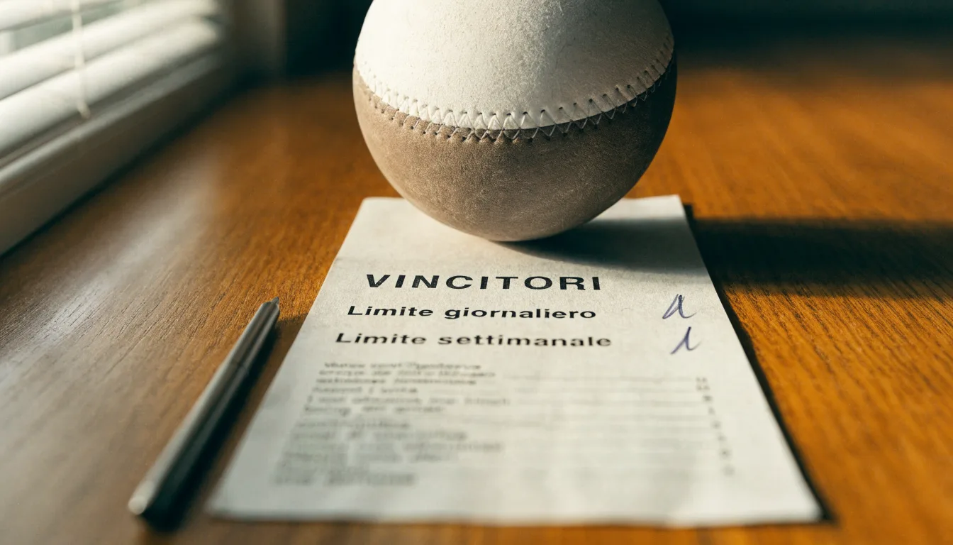 Un pallone da calcio appoggiato su una schedina bianca su un tavolo di legno, alla luce del giorno
