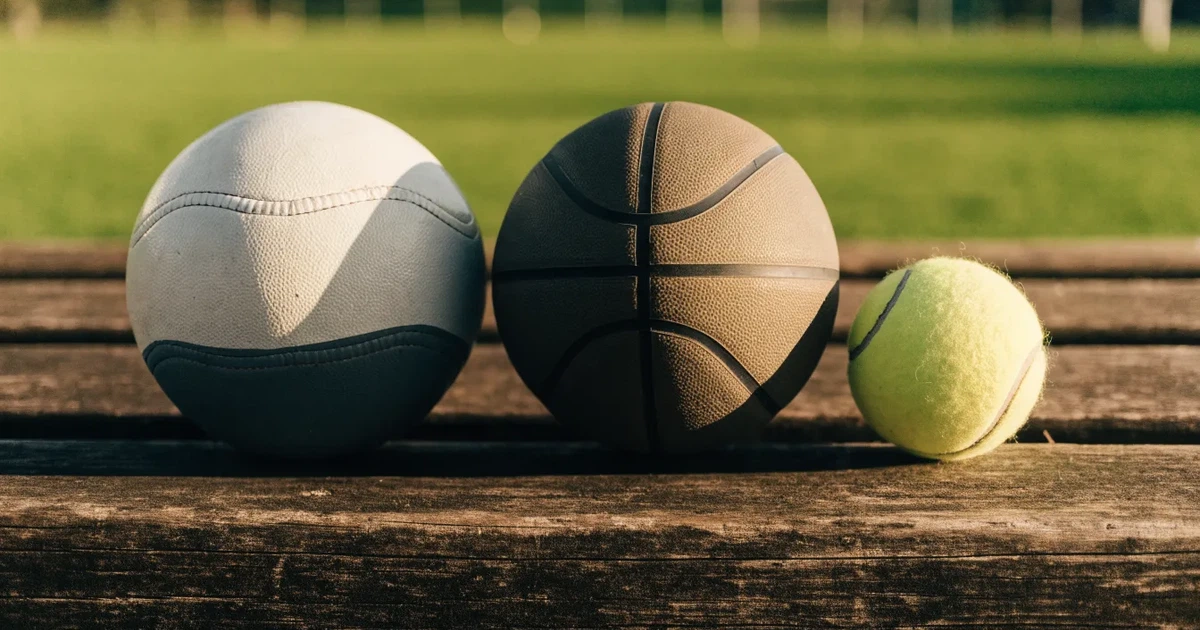 Tre palloni di sport diversi allineati uno accanto all'altro su una panca di legno