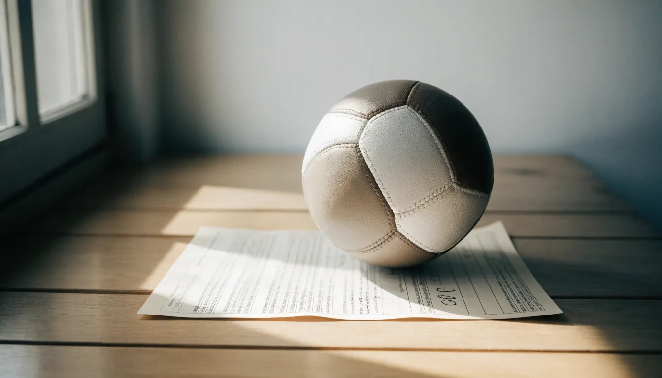 Un pallone da calcio appoggiato su una schedina bianca su un tavolo di legno, alla luce del giorno