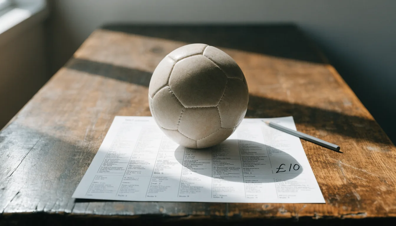 Un pallone da calcio appoggiato su una schedina bianca su un tavolo di legno, alla luce del giorno