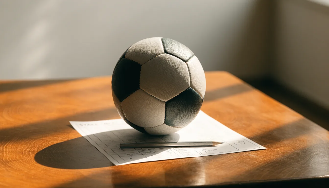 Un pallone da calcio appoggiato su una schedina bianca su un tavolo di legno, alla luce del giorno