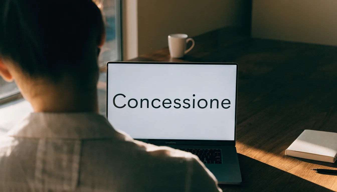 Un foglio di concessione in carta con un timbro rosso, appoggiato su una scrivania di legno accanto a una penna