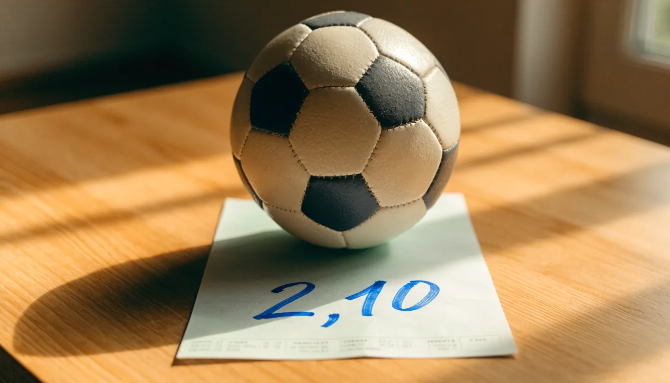 Un pallone da calcio appoggiato su una schedina bianca su un tavolo di legno, alla luce del giorno
