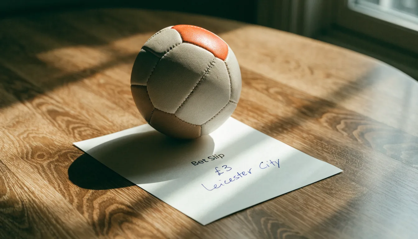 Un pallone da calcio appoggiato su una schedina bianca su un tavolo di legno, alla luce del giorno