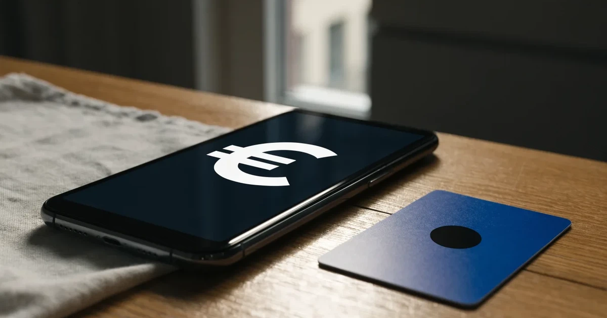 Uno smartphone e una carta di pagamento affiancati su un tavolo di legno, con alcune banconote da euro accanto