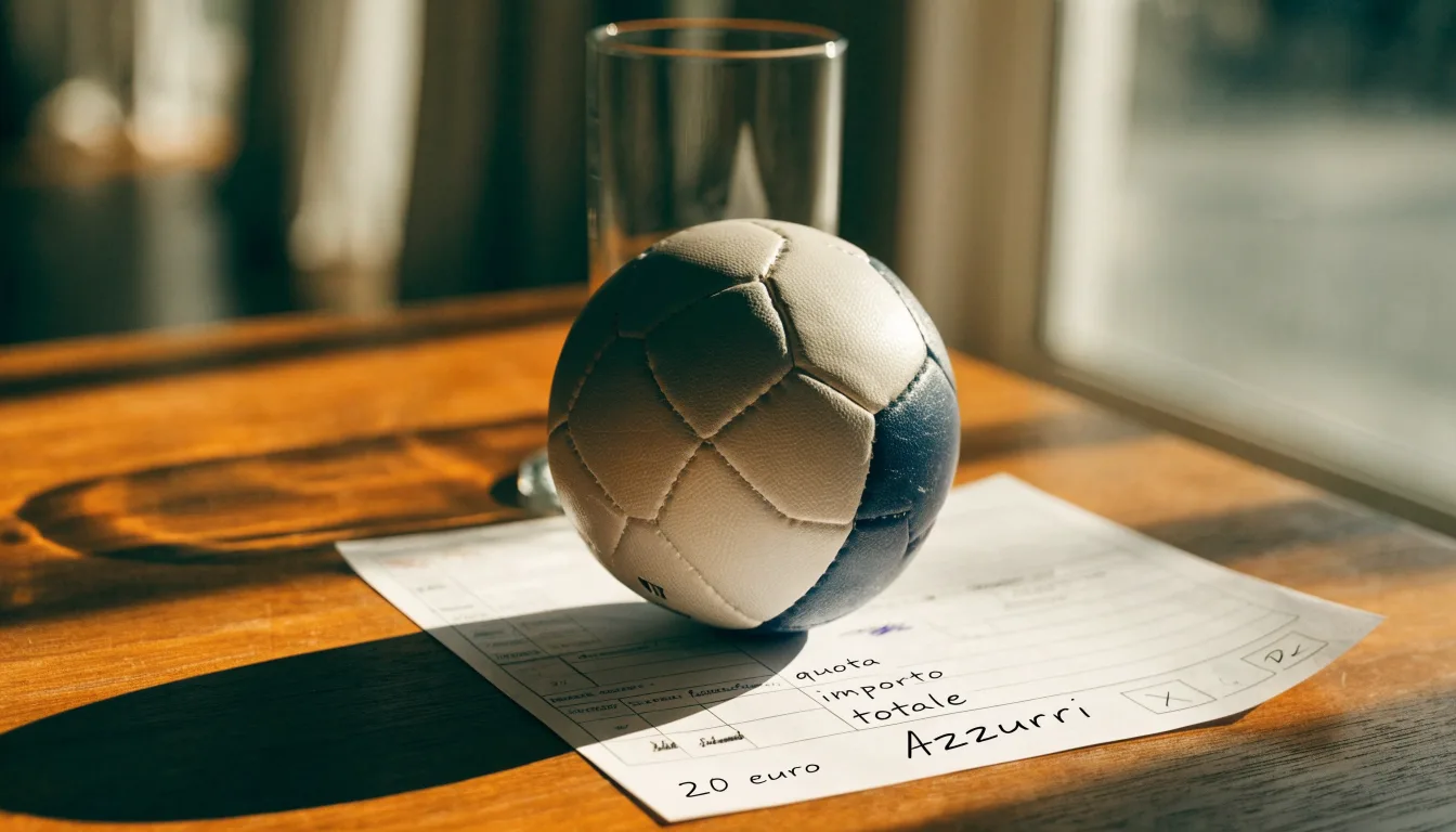 Un pallone da calcio appoggiato su una schedina bianca su un tavolo di legno, alla luce del giorno